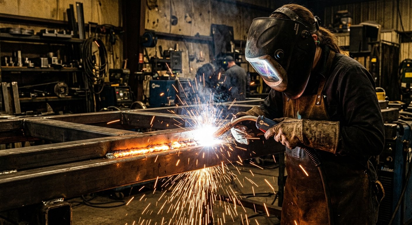 Artigiano al lavoro durante la saldatura di una struttura in ferro