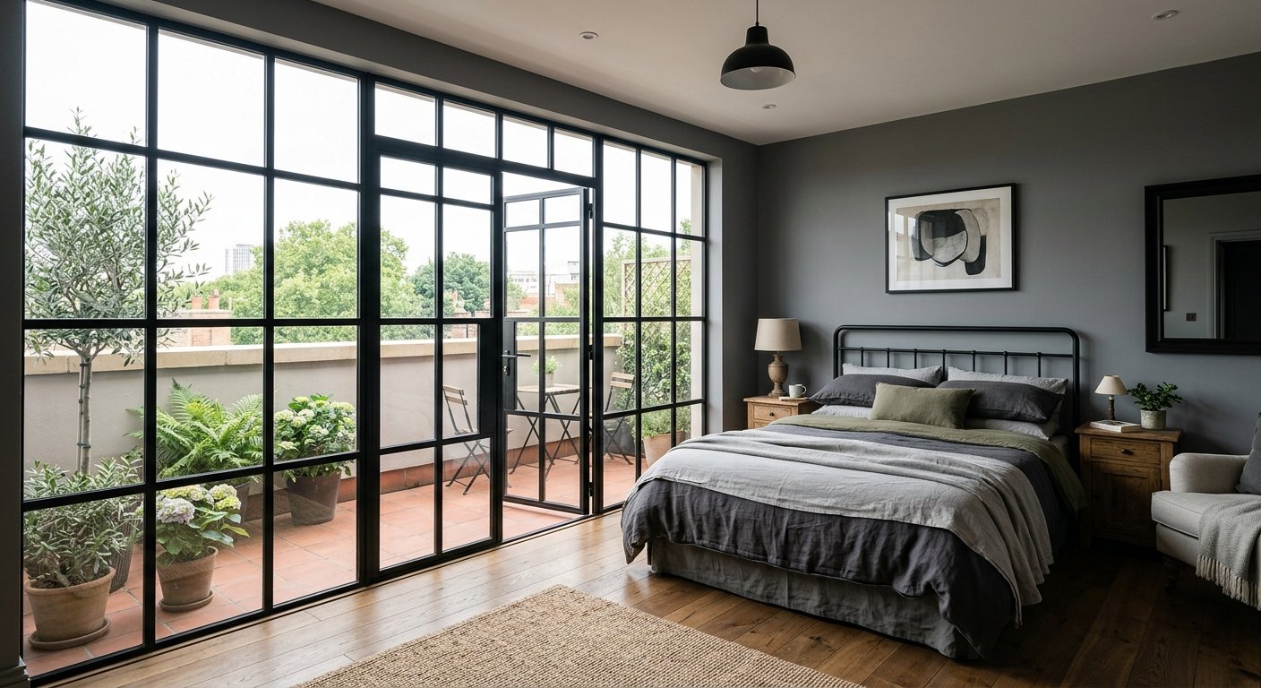 Terrazzo con infissi in ferro e camera da letto