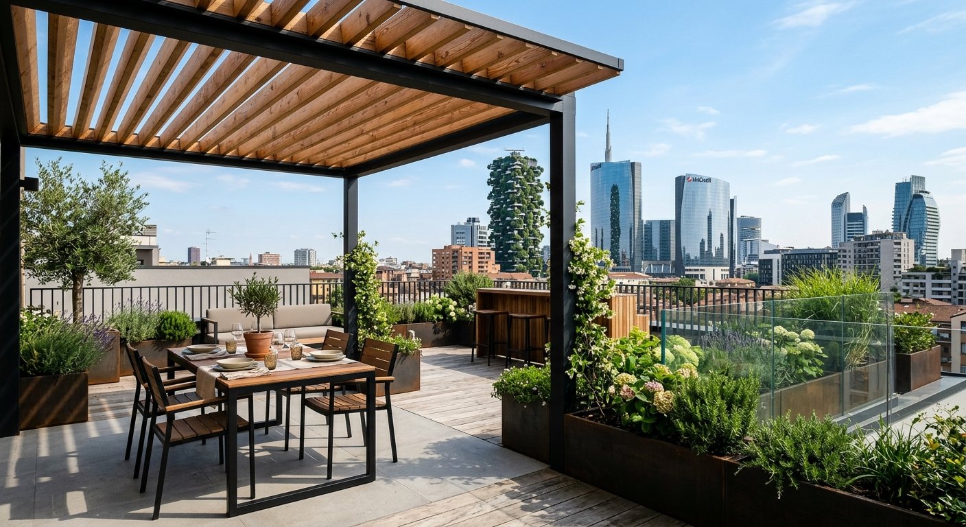Pergola in ferro e legno su terrazzo panoramico