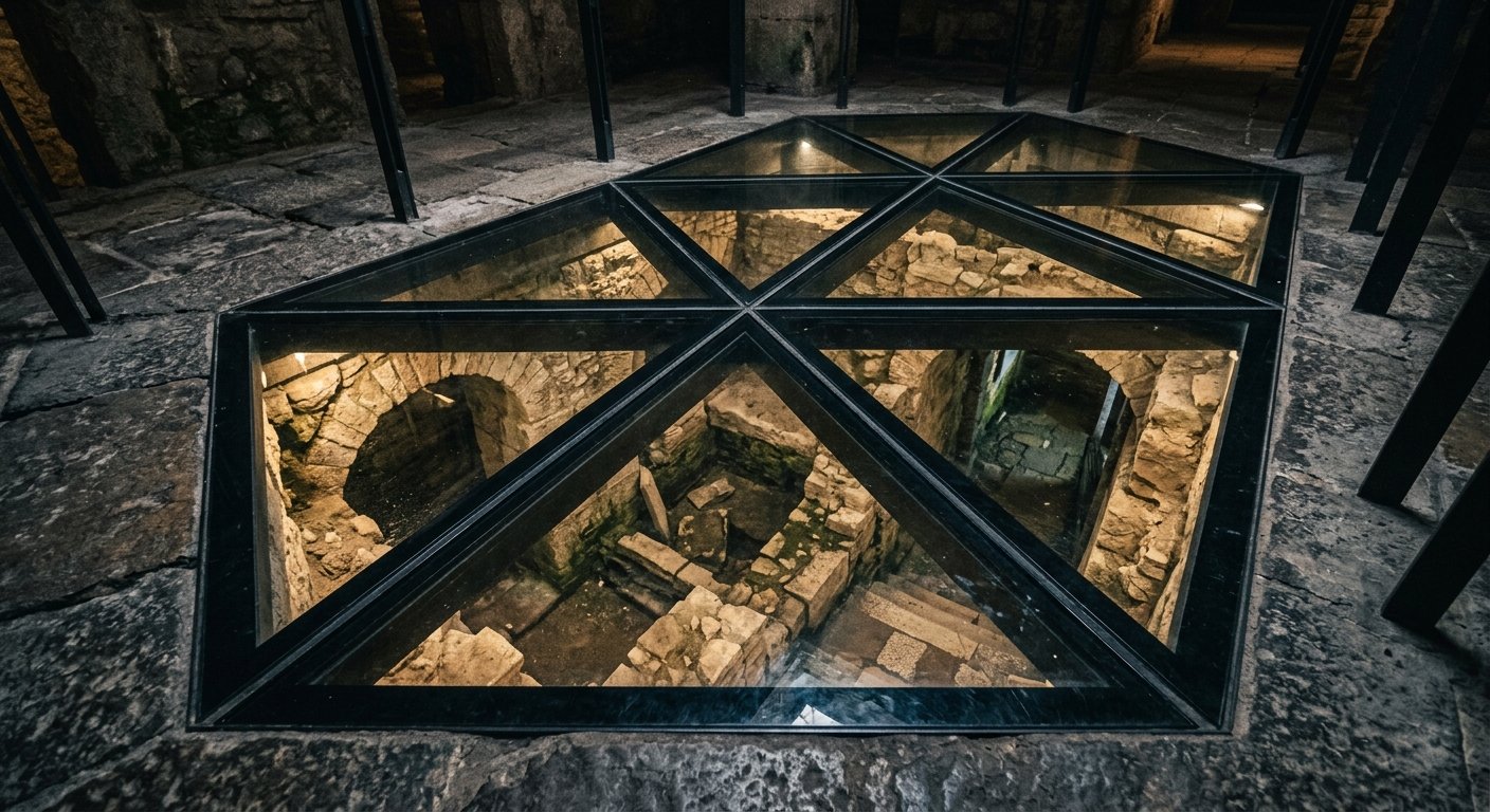 Dettaglio pavimento in vetro su struttura archeologica